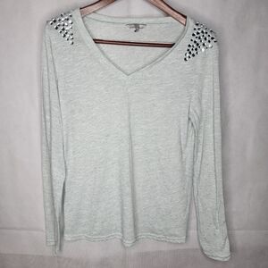 BKE Long Sleeve Tee Seafoam Light Green V-neck Embellished Crystal Shoulder